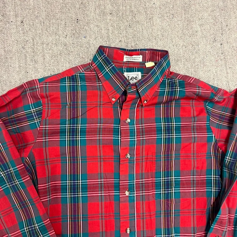 Vintage Lee Button Up Shirt Mens Large Red 1970s Plaid Long Sleeve - Picture 2 of 8
